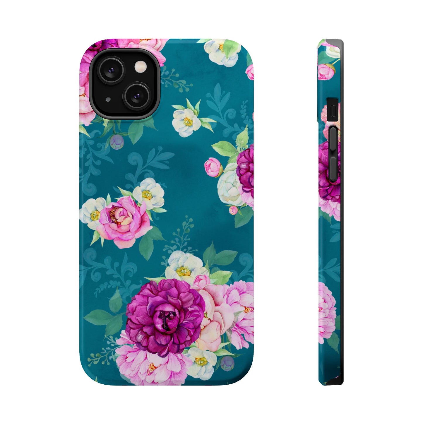 Elegant Peony Bouquet MagSafe iPhone Case – Deep Teal Background with Romantic Floral Design