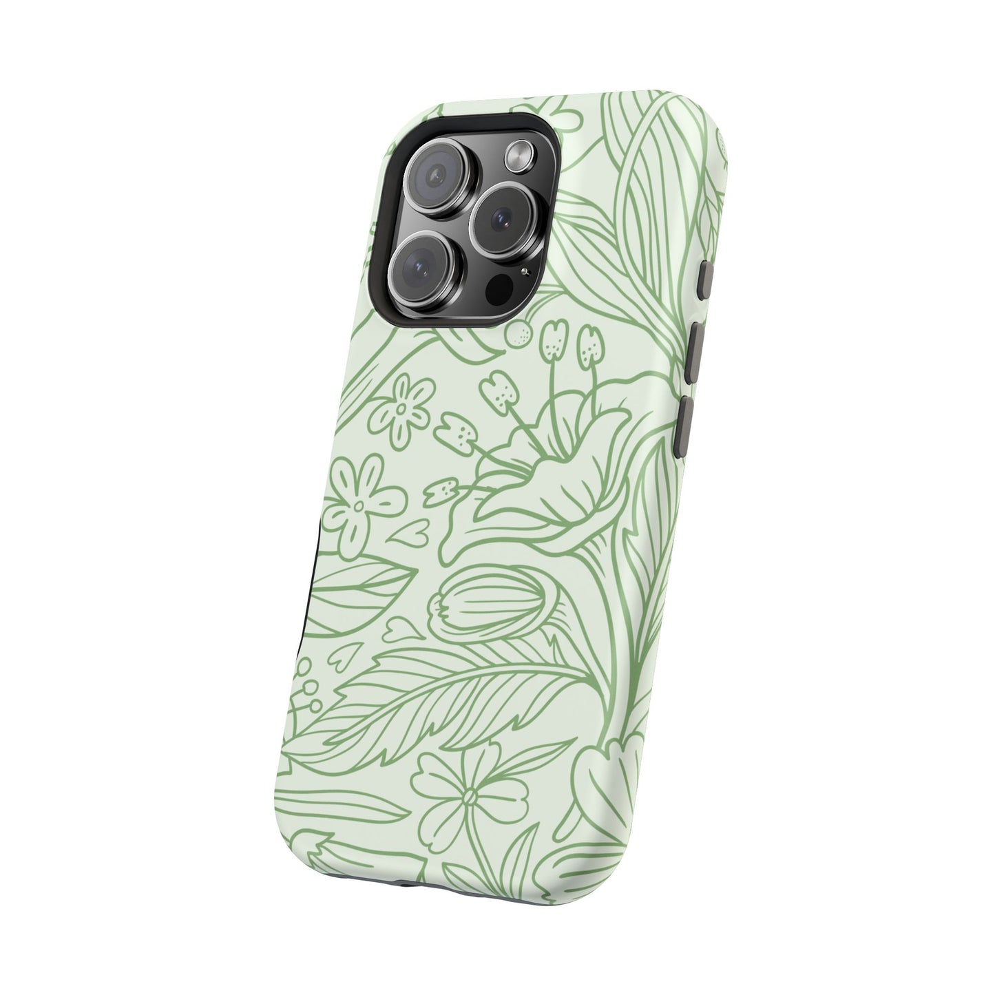 Sage Green Floral Line Art Tough MagSafe iPhone Case – Minimalist Botanical Design with Dual-Layer Protection