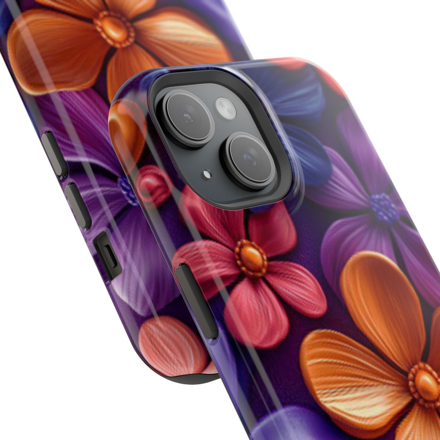 Bold Floral 3D MagSafe iPhone Case – Vivid Purple and Orange Flower Design, Shock-Resistant