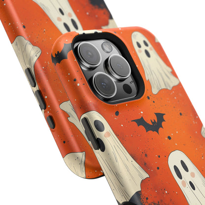 Spooky Ghosts & Bats  MagSafe iPhone Case – Vibrant Orange Halloween Design