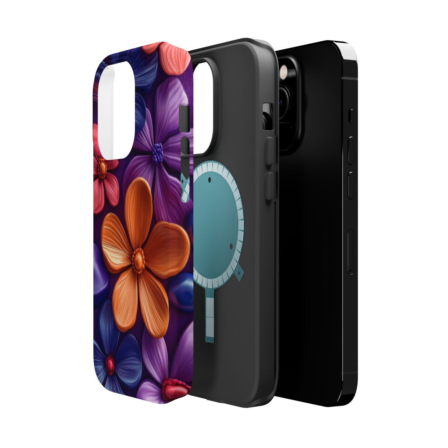 Bold Floral 3D MagSafe iPhone Case – Vivid Purple and Orange Flower Design, Shock-Resistant