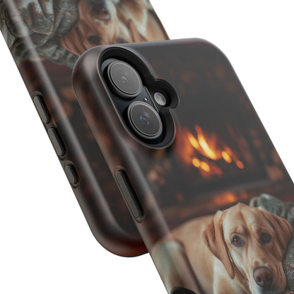 Cozy Labrador by Fireplace MagSafe iPhone Case – Rustic Cabin Protective Cover