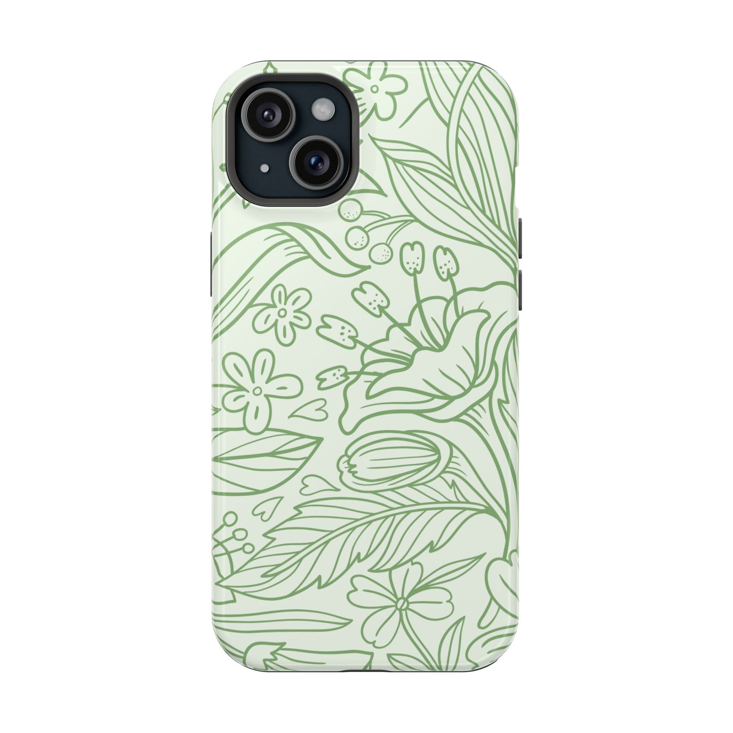 Sage Green Floral Line Art Tough MagSafe iPhone Case – Minimalist Botanical Design with Dual-Layer Protection