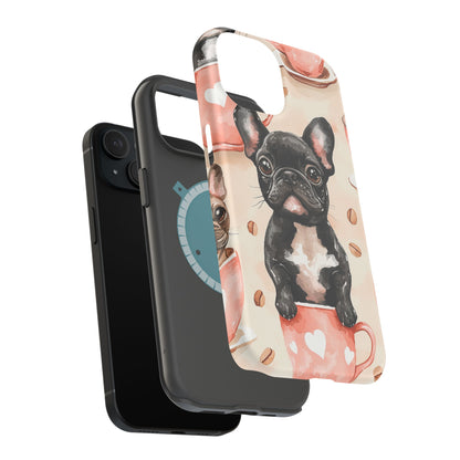 French Bulldogs in Coffee Cup MagSafe iPhone Case – Cute Dog Art, Shockproof & Slim Design