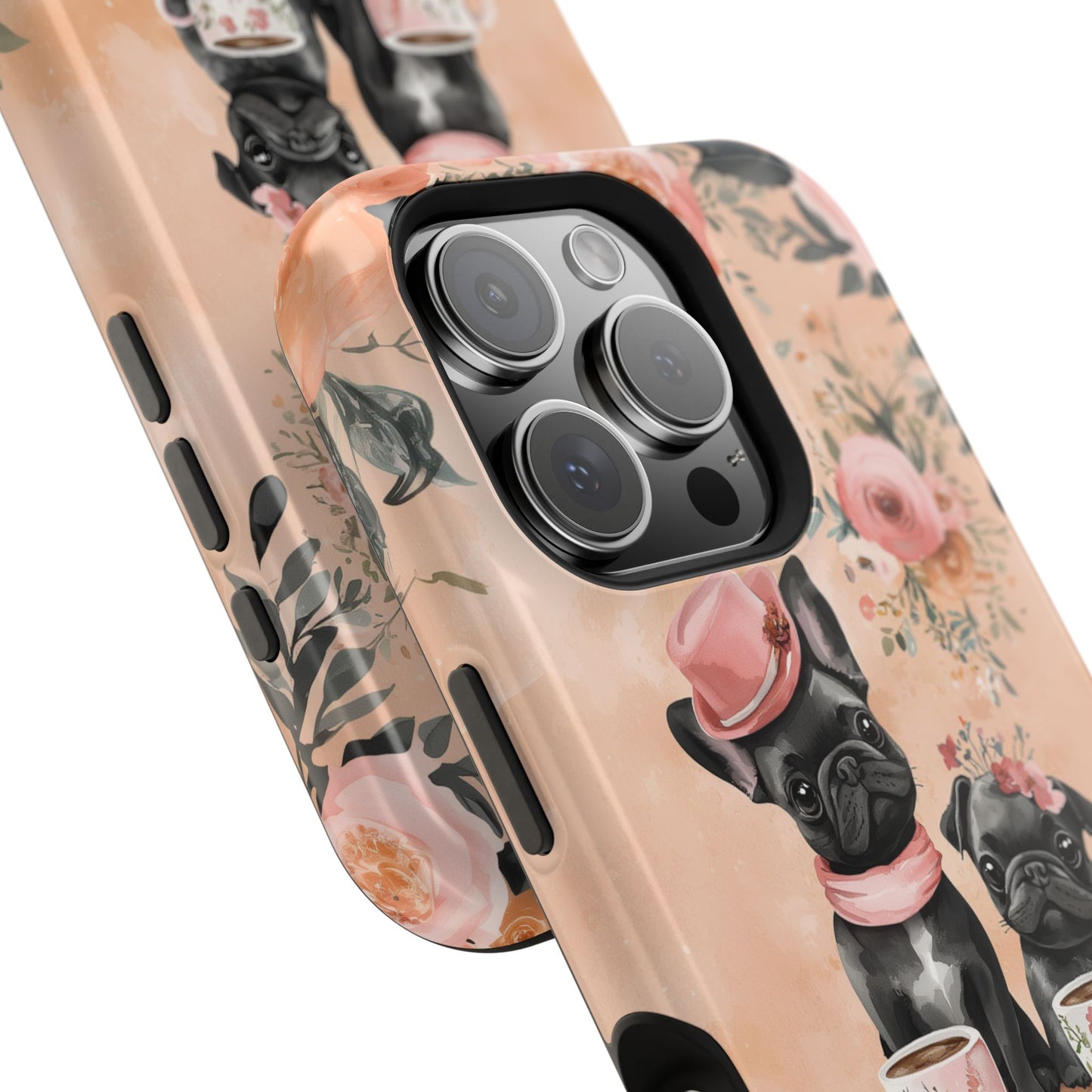 Floral French Bulldogs MagSafe iPhone Case – Elegant Dog Design with Tea Cups & Roses, Shockproof Protection