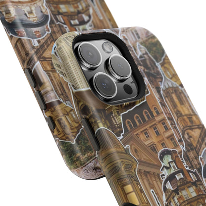 Vintage Architectural Collage MagSafe iPhone Case – Tough Dual-Layer Protection with Matte Finish