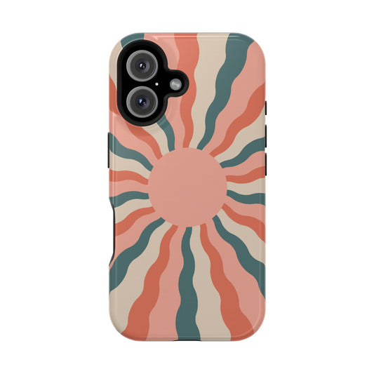 Retro Sunburst MagSafe iPhone Case – Bold 70s-Inspired Waves in Coral, Teal, and Cream