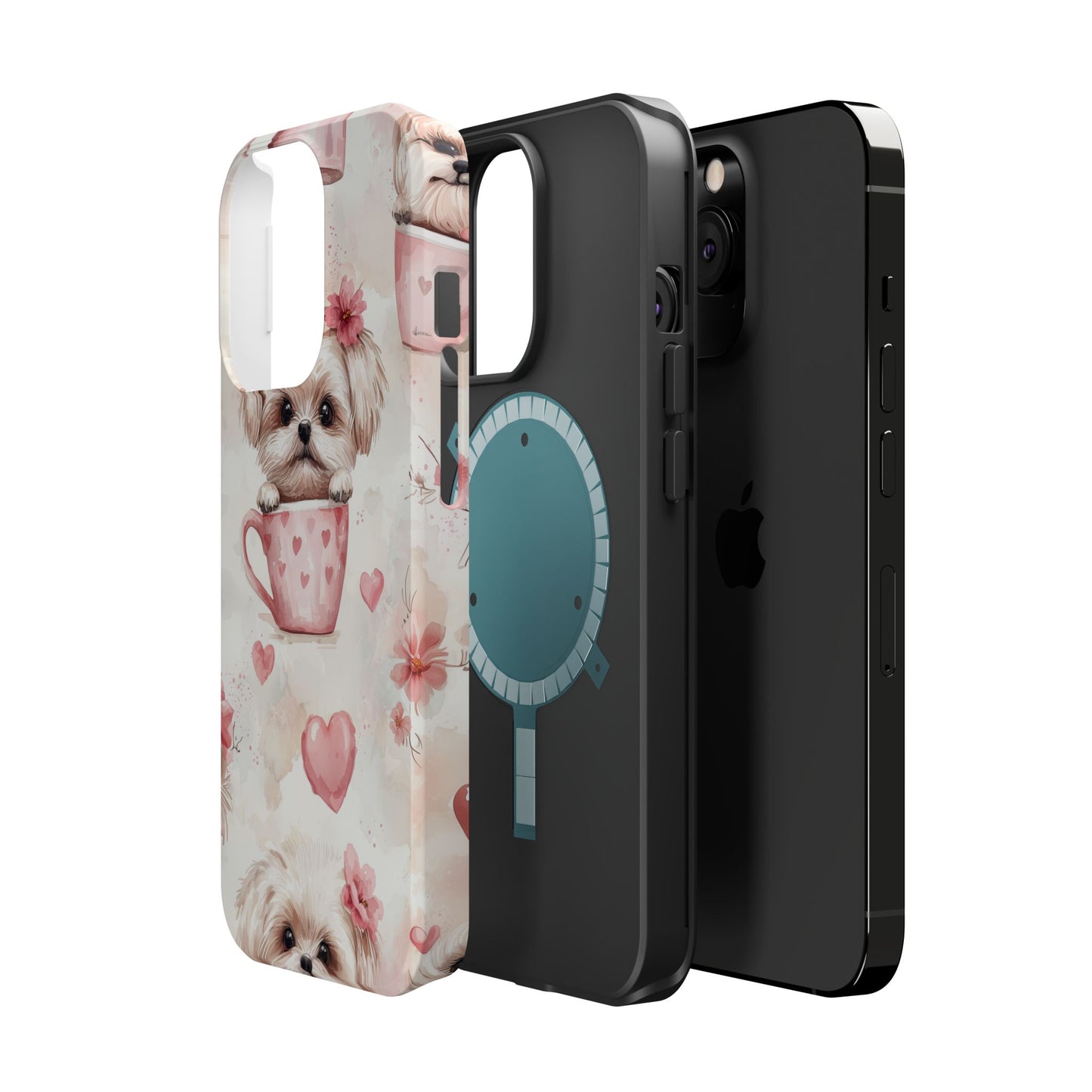 Floral Puppy in Teacup MagSafe iPhone Case – Cute Pink Flower Design, Tough Dual-Layer Protection