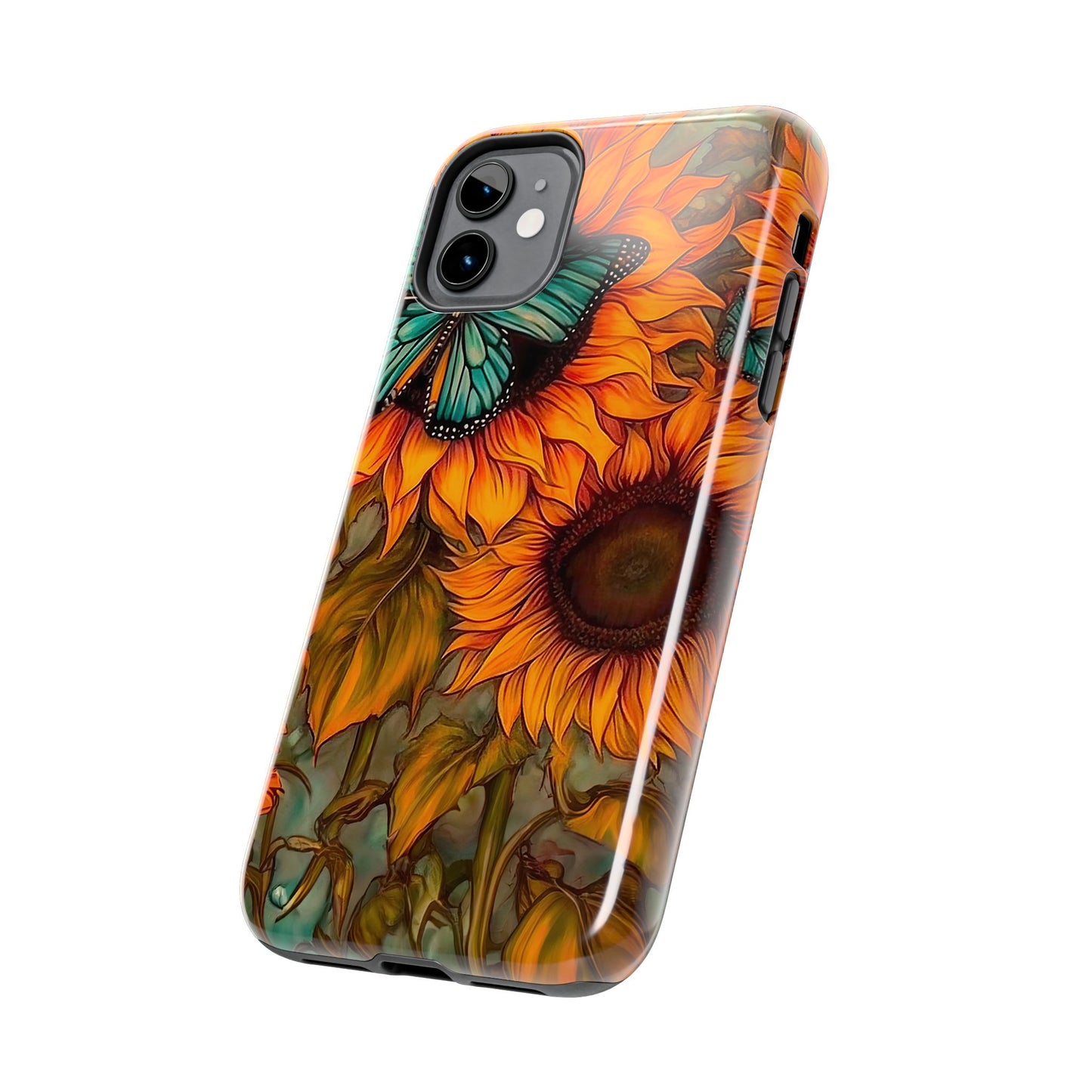 Vintage Blue Butterfly & Sunflower Art – iPhone Case