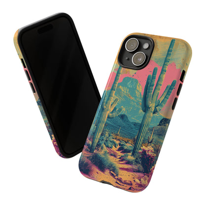 Desert Oasis Retro Cactus Phone Case - Vibrant Sunset Landscape for iPhone 15/14/13/12, Samsung S24/S23/S22/S21, & Google Pixel