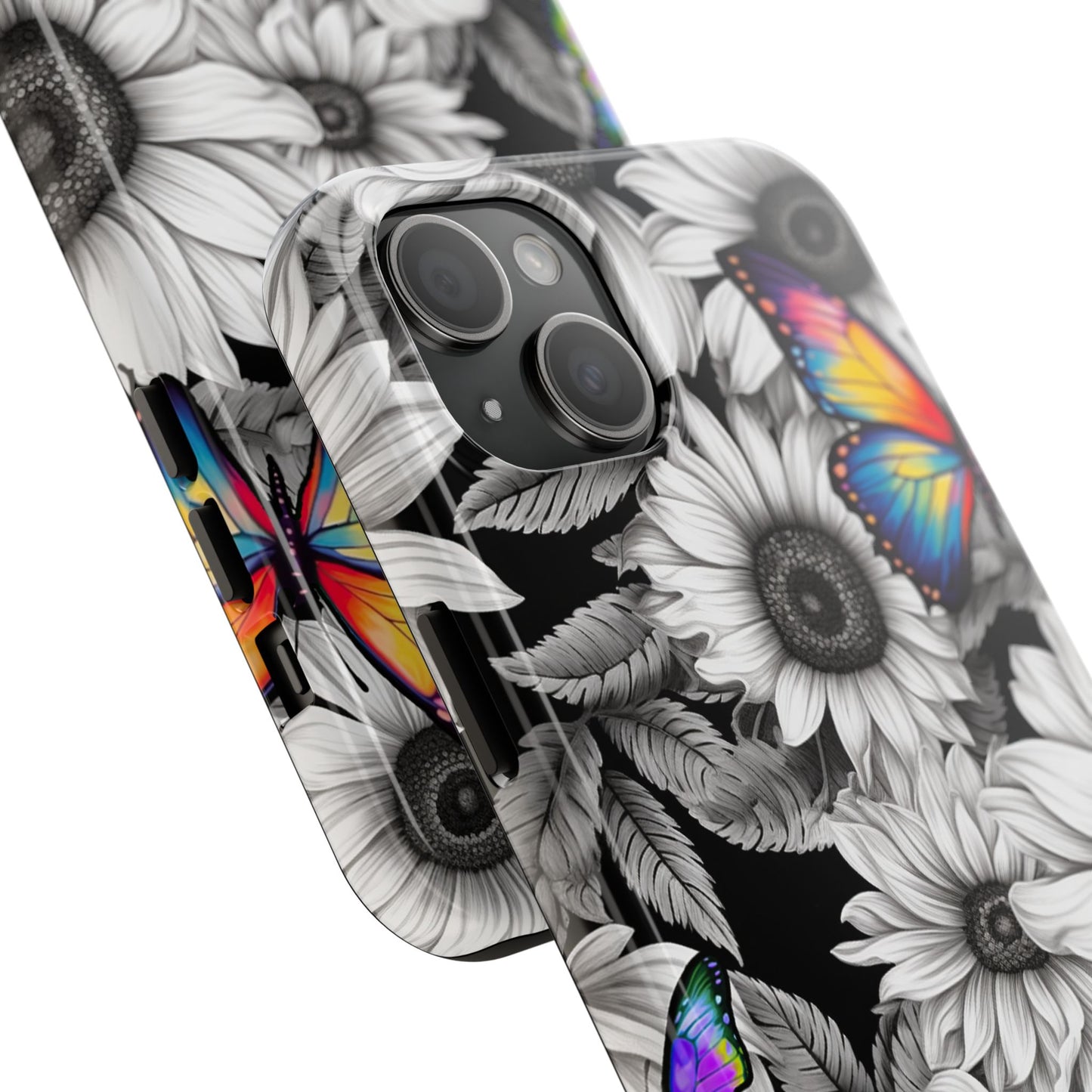 Rainbow Butterflies & Monochrome Sunflowers – iPhone Case