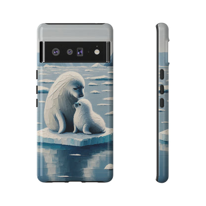 Arctic Serenity: Harp Seal Momma and Pup Oil Painting Phone Case for iPhone, Samsung Galaxy, and Google Pixel Phones