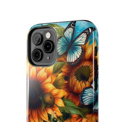 Aqua Blue Butterfly & Sunflower Art – iPhone Case