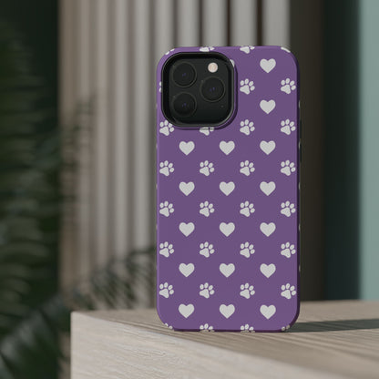 Lavender Paw Prints & Hearts Design - Adorable Pet Lover MagSafe iPhone Case