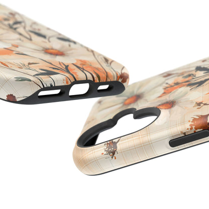 Pastel Orange Floral MagSafe iPhone Case - Elegant Plaid Protective Cover