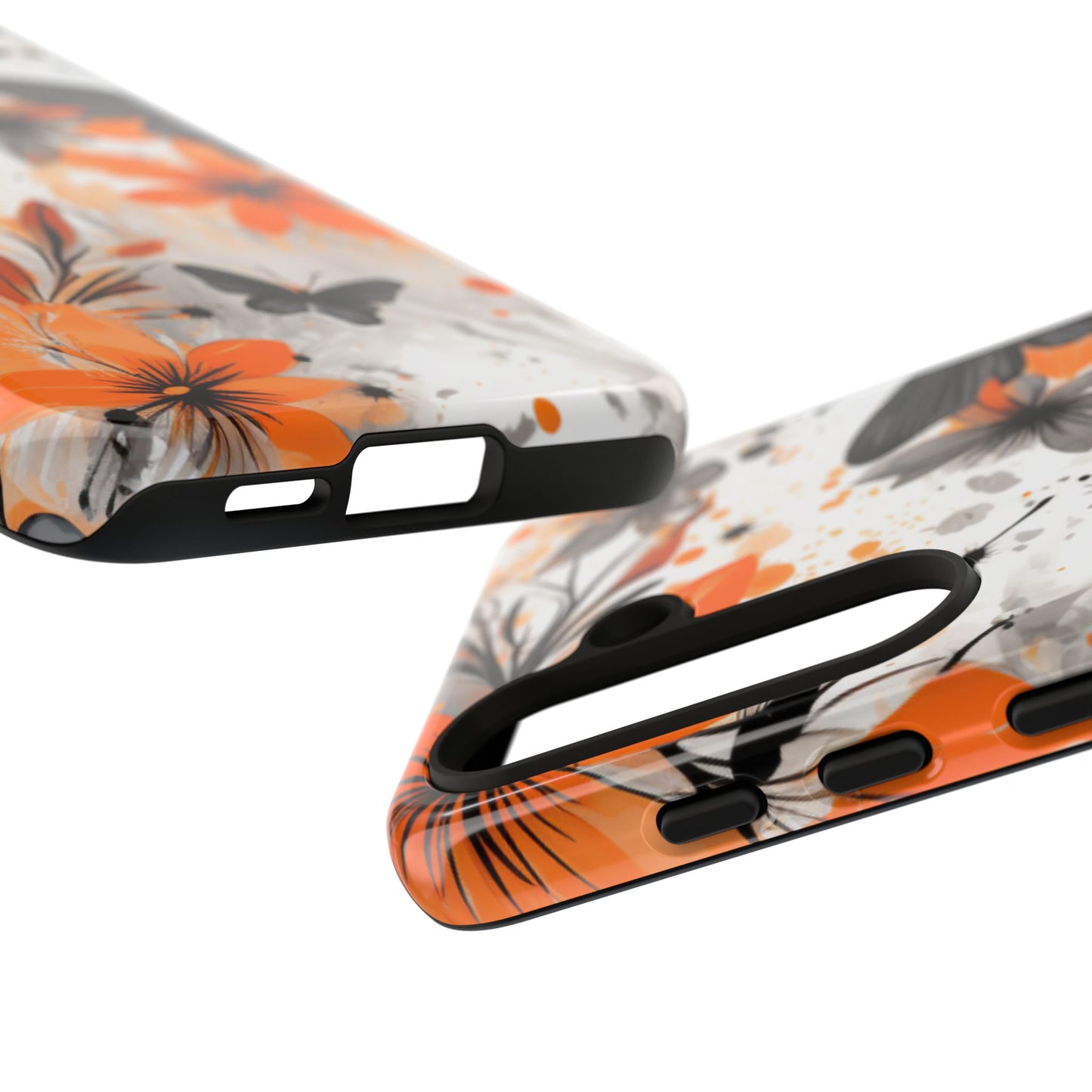 Orange Blossom & Black Butterfly Samsung Galaxy Case – Bold Floral Pattern with Modern Abstract Style