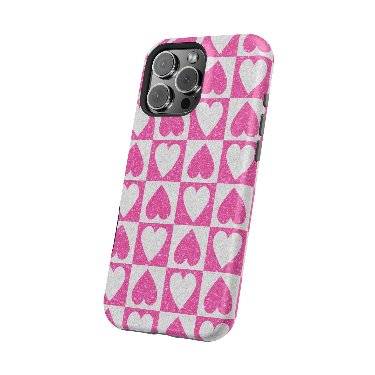 Pink Glitter Heart Checkered Pattern MagSafe Case