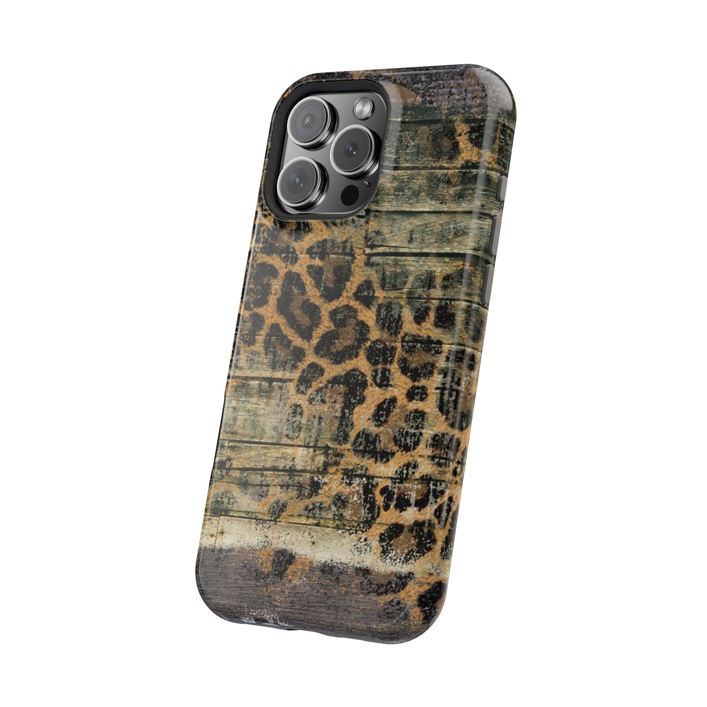 Rustic Wood and Leopard Print Tough MagSafe iPhone Case – Distressed Western Design with Dual-Layer Protection