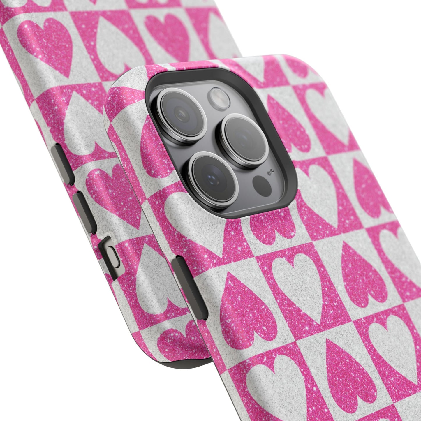 Pink Glitter Heart Checkered Pattern MagSafe Case