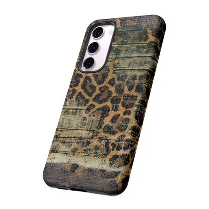 Rustic Wood and Leopard Print Tough Samsung Galaxy Case – Distressed Western Design with Dual-Layer Protection