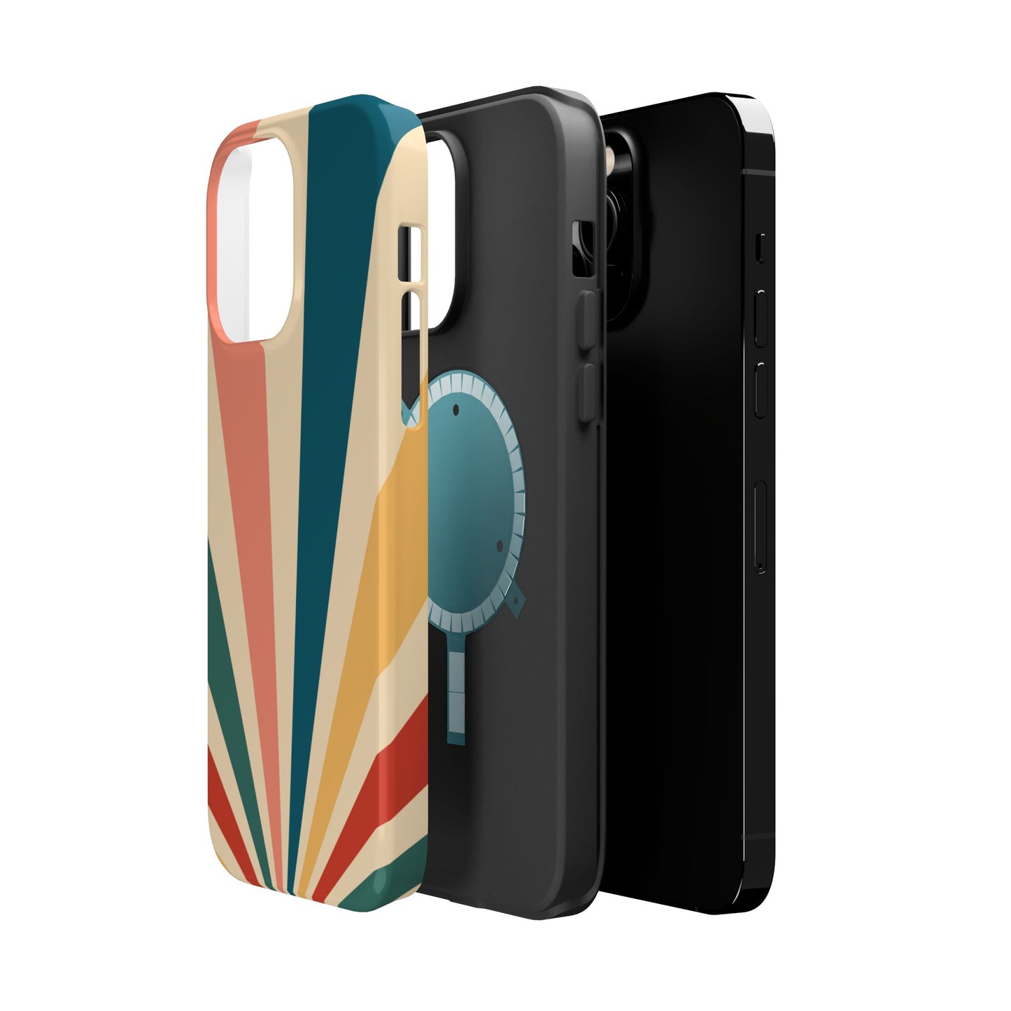 Retro Sunbeam MagSafe iPhone Case – 70s-Inspired Radiating Stripes in Coral, Teal, and Mustard