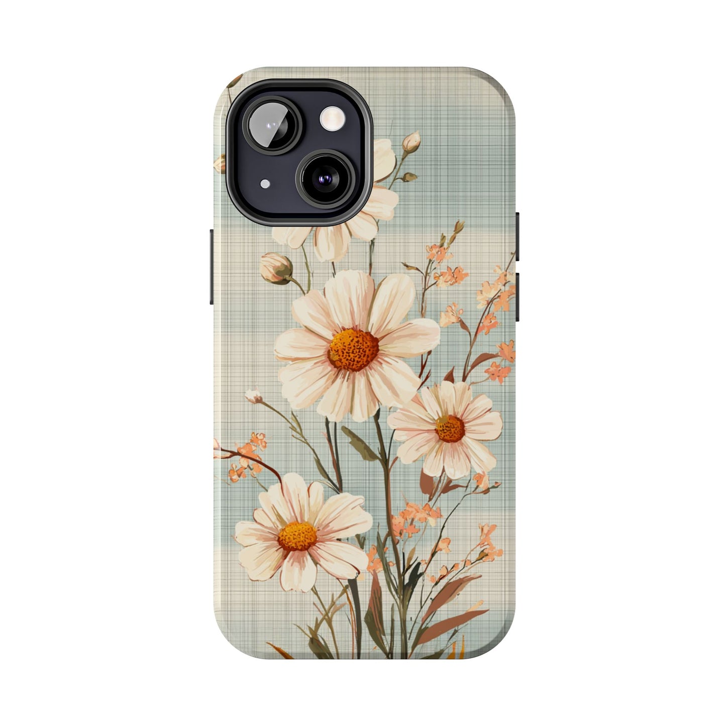 Vintage Plaid & Daisy Floral Tough iPhone Case – Dual-Layer Protection with Retro Flower Design