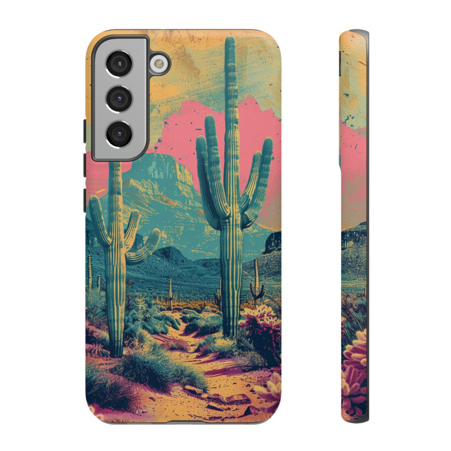 Desert Oasis Retro Cactus Phone Case - Vibrant Sunset Landscape for iPhone 15/14/13/12, Samsung S24/S23/S22/S21, & Google Pixel