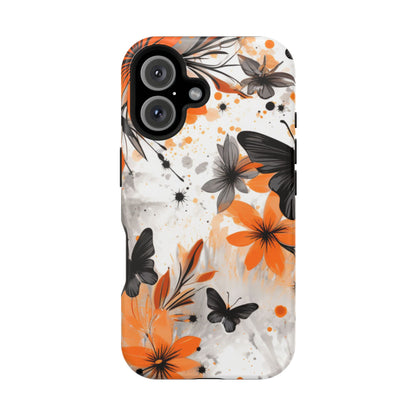 Orange Blossom & Black Butterfly MagSafe iPhone Case – Bold Floral Pattern with Modern Abstract Style