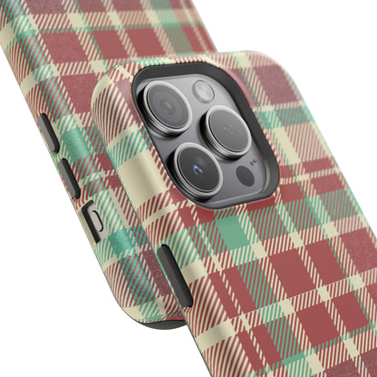 Retro Red & Cream Plaid – MagSafe iPhone Case with Classic Elegance