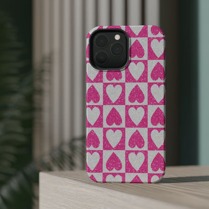 Pink Glitter Heart Checkered Pattern MagSafe Case