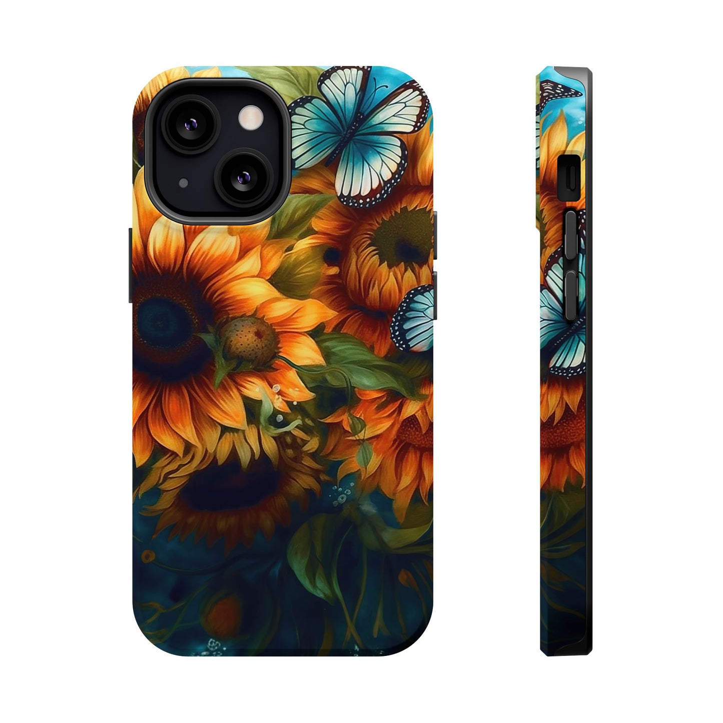 Aqua Blue Butterfly & Sunflower Art – MagSafe iPhone Case