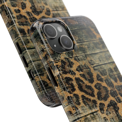 Rustic Wood and Leopard Print Tough iPhone Case – Distressed Western Design with Dual-Layer Protection