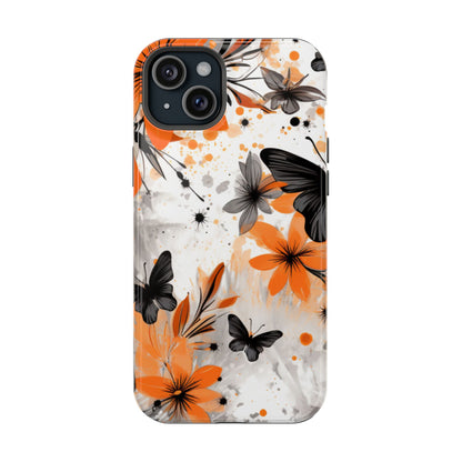 Orange Blossom & Black Butterfly MagSafe iPhone Case – Bold Floral Pattern with Modern Abstract Style