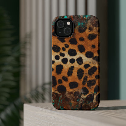 Rustic Leopard Print Tough MagSafe iPhone Case – Distressed Turquoise and Animal Pattern with Dual-Layer Protection