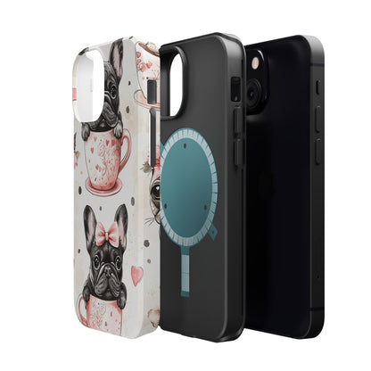 French Bulldogs in Teacups MagSafe iPhone Case – Cute Dog Design with Hearts & Bows, Shockproof & Slim