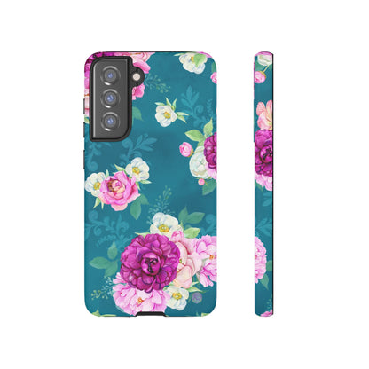 Elegant Peony Bouquet Samsung Galaxy Case – Deep Teal Background with Romantic Floral Design