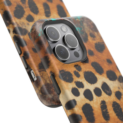 Rustic Leopard Print Tough MagSafe iPhone Case – Distressed Turquoise and Animal Pattern with Dual-Layer Protection