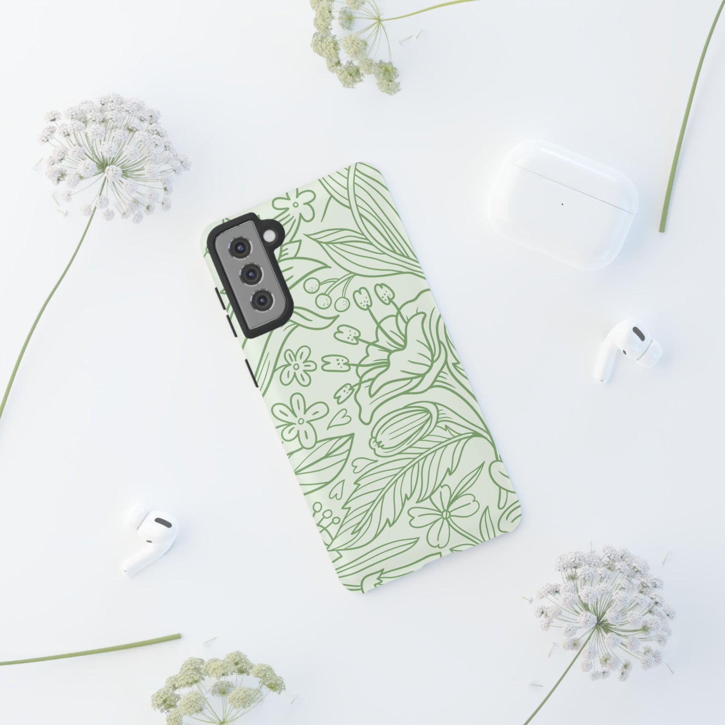 Sage Green Floral Line Art Tough Samsung Galaxy Case – Minimalist Botanical Design with Dual-Layer Protection