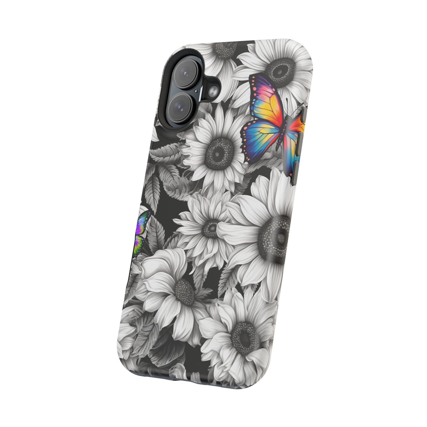 Rainbow Butterflies & Monochrome Sunflowers – MagSafe iPhone Case