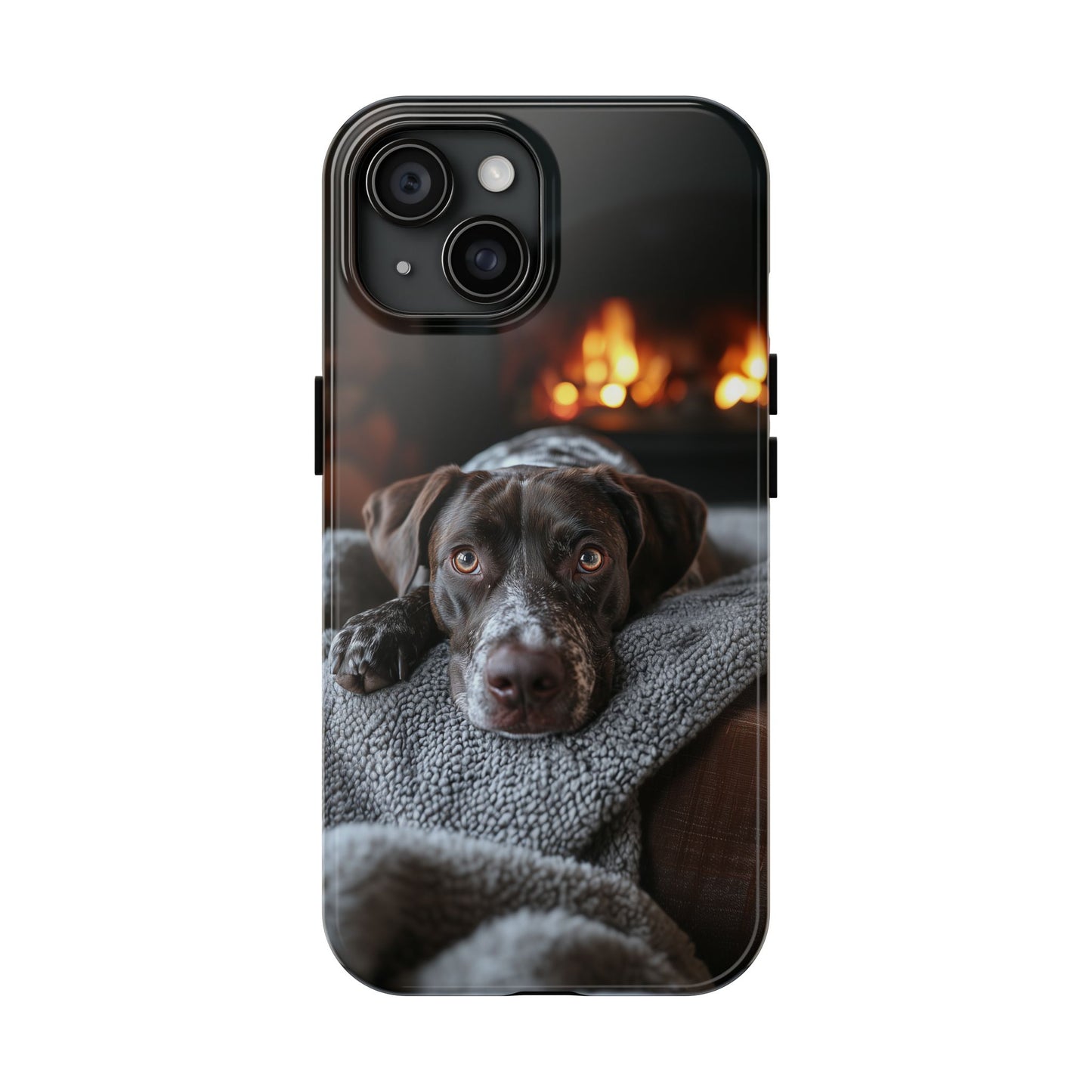 Cozy German Shorthaired Pointer iPhone Case – Rustic Fireplace Protective Cover