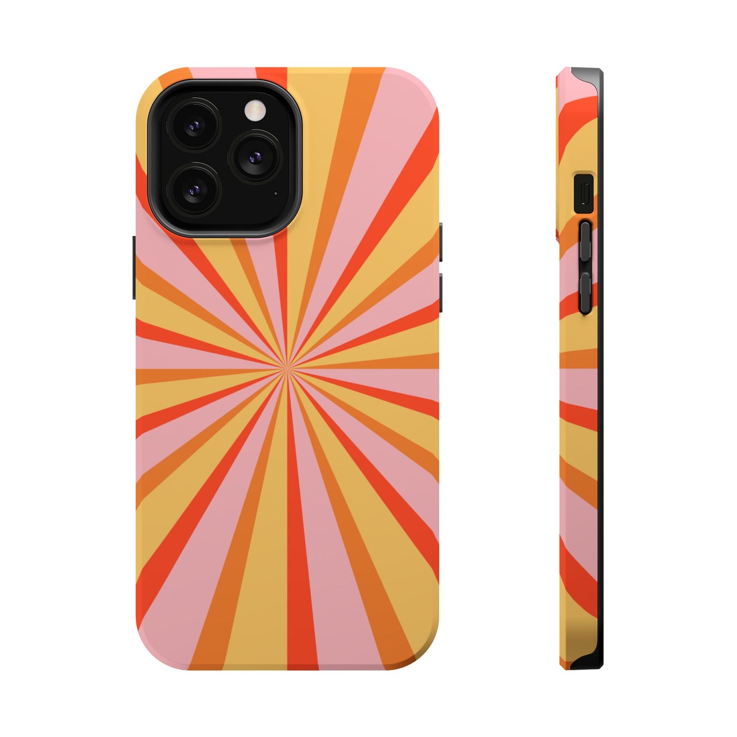 Bold Retro Sunburst MagSafe iPhone Case – Vibrant 70s-Inspired Rays in Orange, Pink, and Yellow