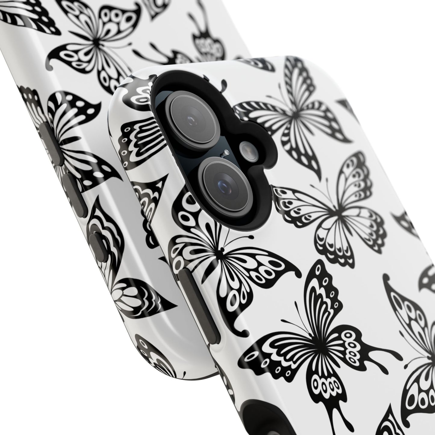 Monochrome Butterfly Pattern Tough MagSafe Case – Dual-Layer Protection with Matte Finish