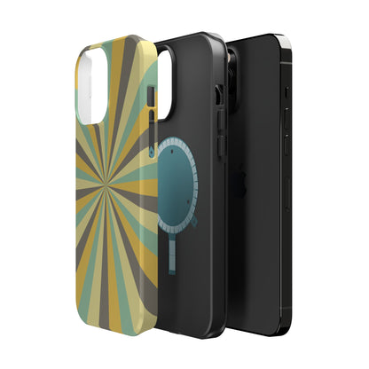 Vintage Sunburst Rays MagSafe iPhone Case – Bold 70s-Inspired Burst in Yellow, Mint, and Gray