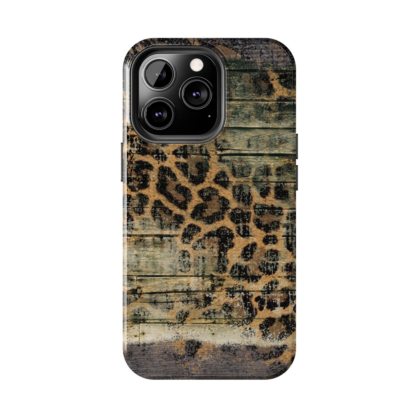 Rustic Wood and Leopard Print Tough iPhone Case – Distressed Western Design with Dual-Layer Protection