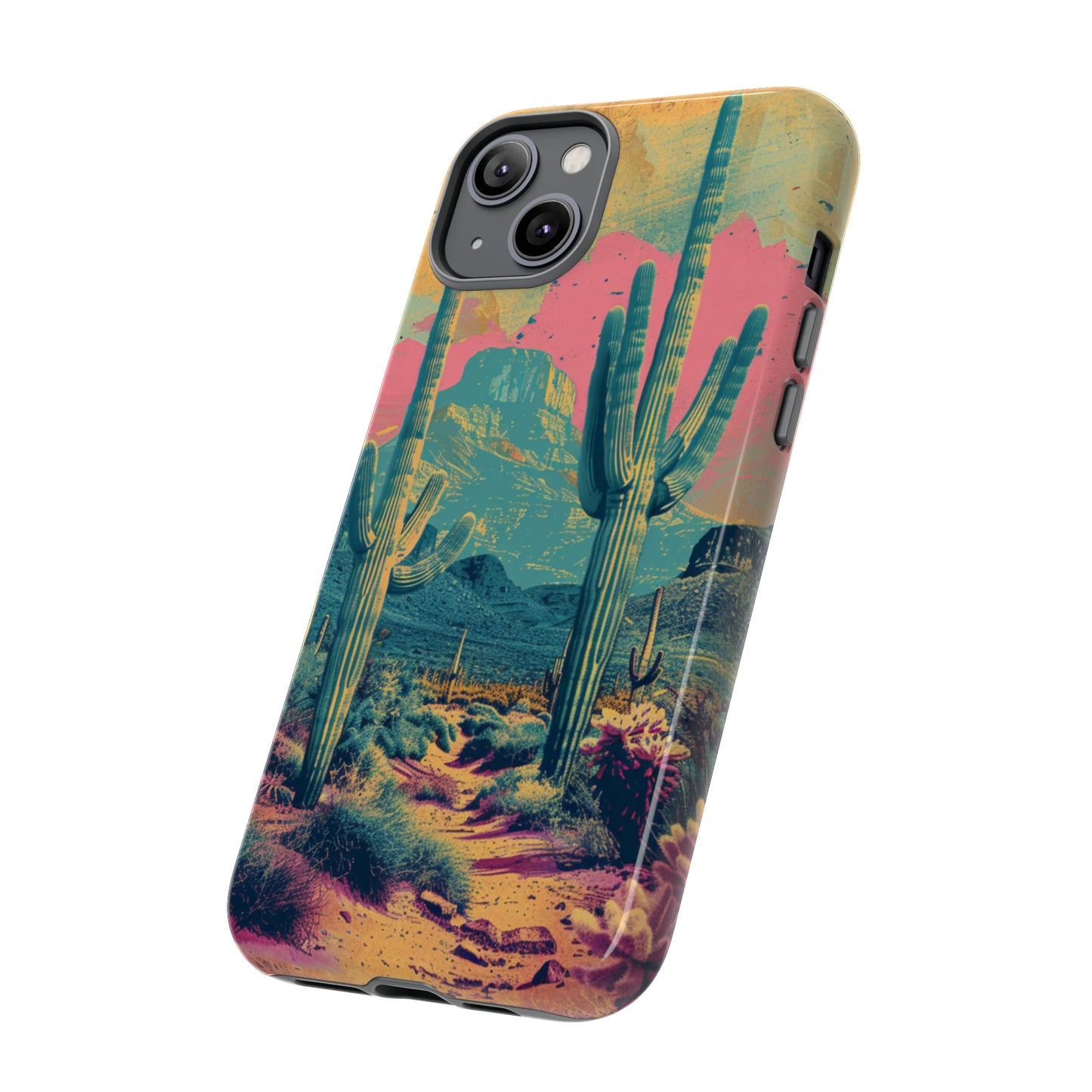 Desert Oasis Retro Cactus Phone Case - Vibrant Sunset Landscape for iPhone 15/14/13/12, Samsung S24/S23/S22/S21, & Google Pixel