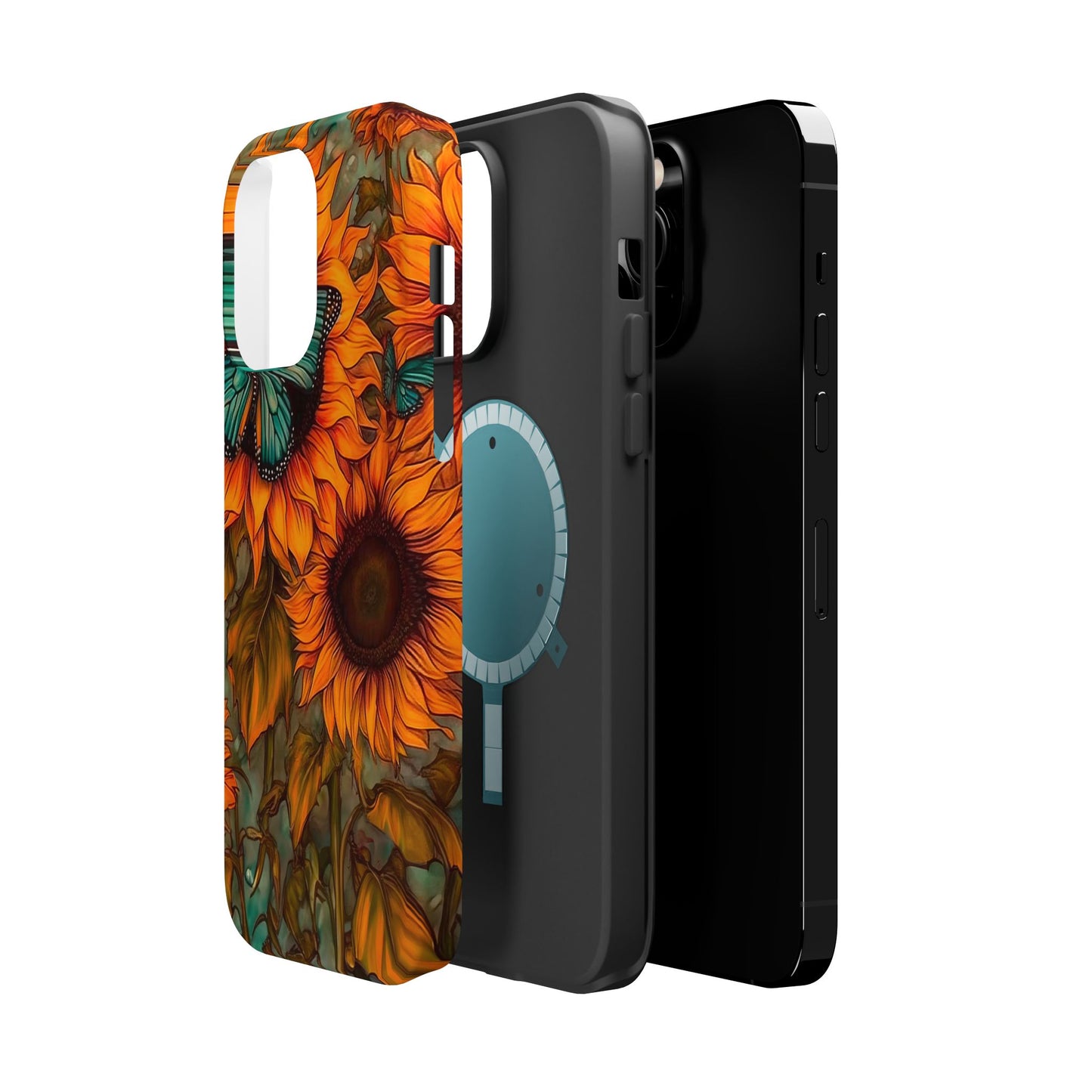 Vintage Blue Butterfly & Sunflower Art – MagSafe iPhone Case