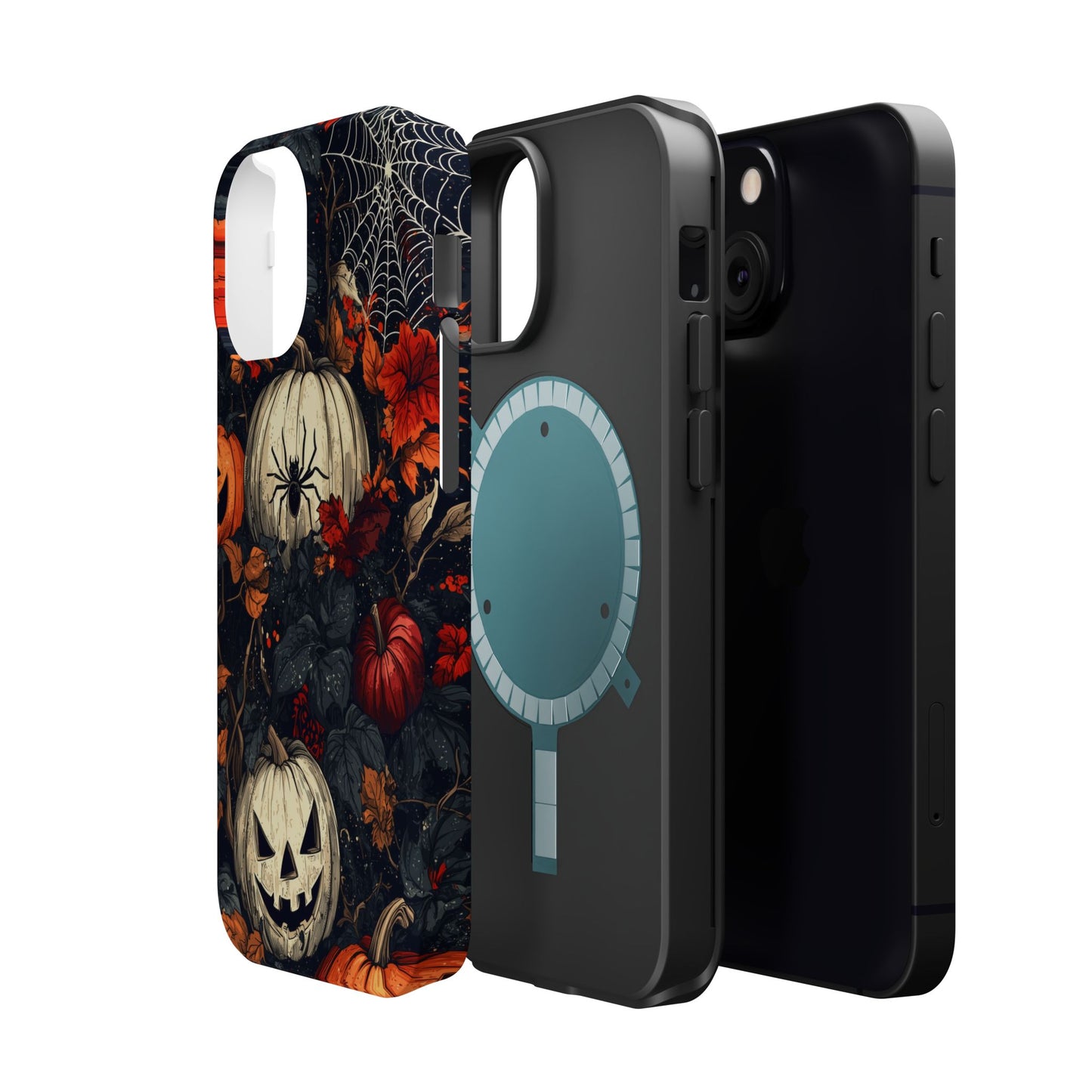 Hauntingly Elegant Halloween MagSafe iPhone Case – Pumpkins, Spiders, and Autumn Leaves Design