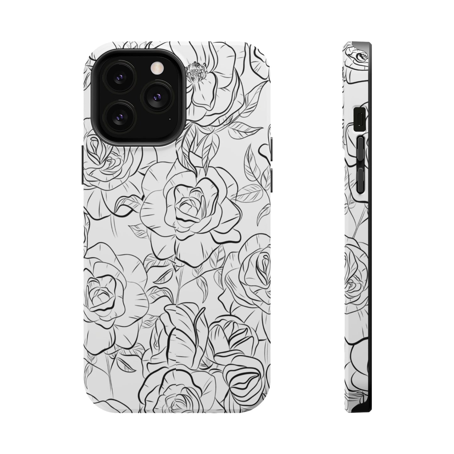 Monochrome Rose Garden Tough MagSafe iPhone Case – Elegant Floral Line Art with Dual-Layer Protection