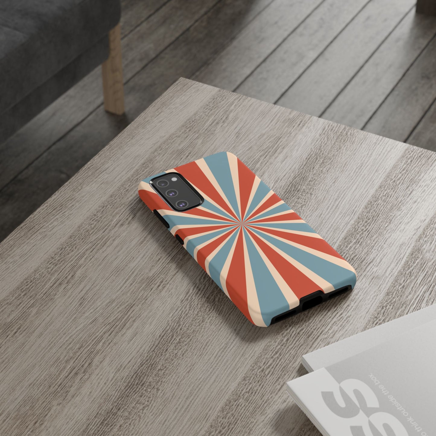 Vintage Blue & Red Sunburst Samsung Galaxy Case – Bold Geometric Pattern, Shock-Resistant Cover