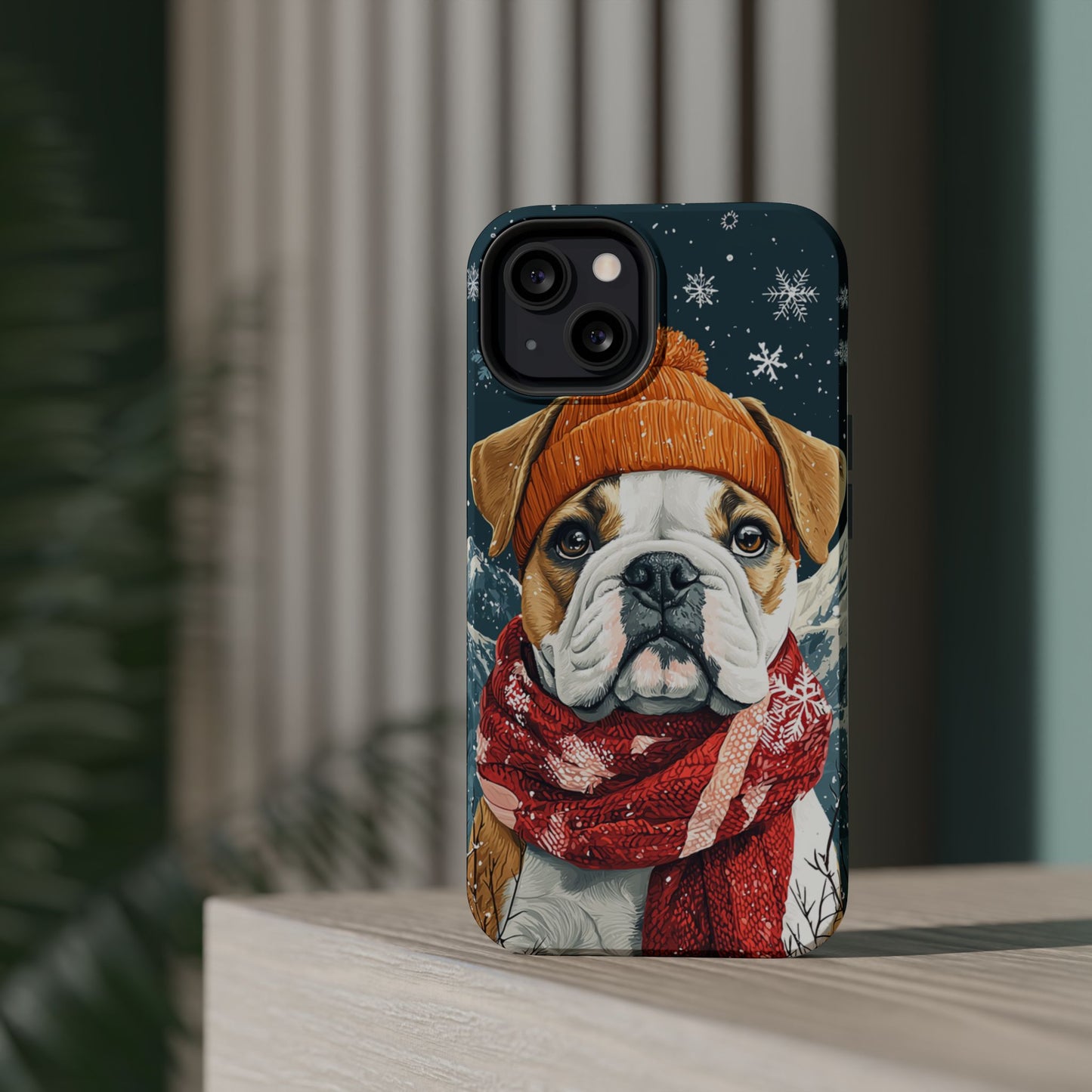 Cozy French Bulldog MagSafe iPhone Case – Rustic Fireplace Protective Cover